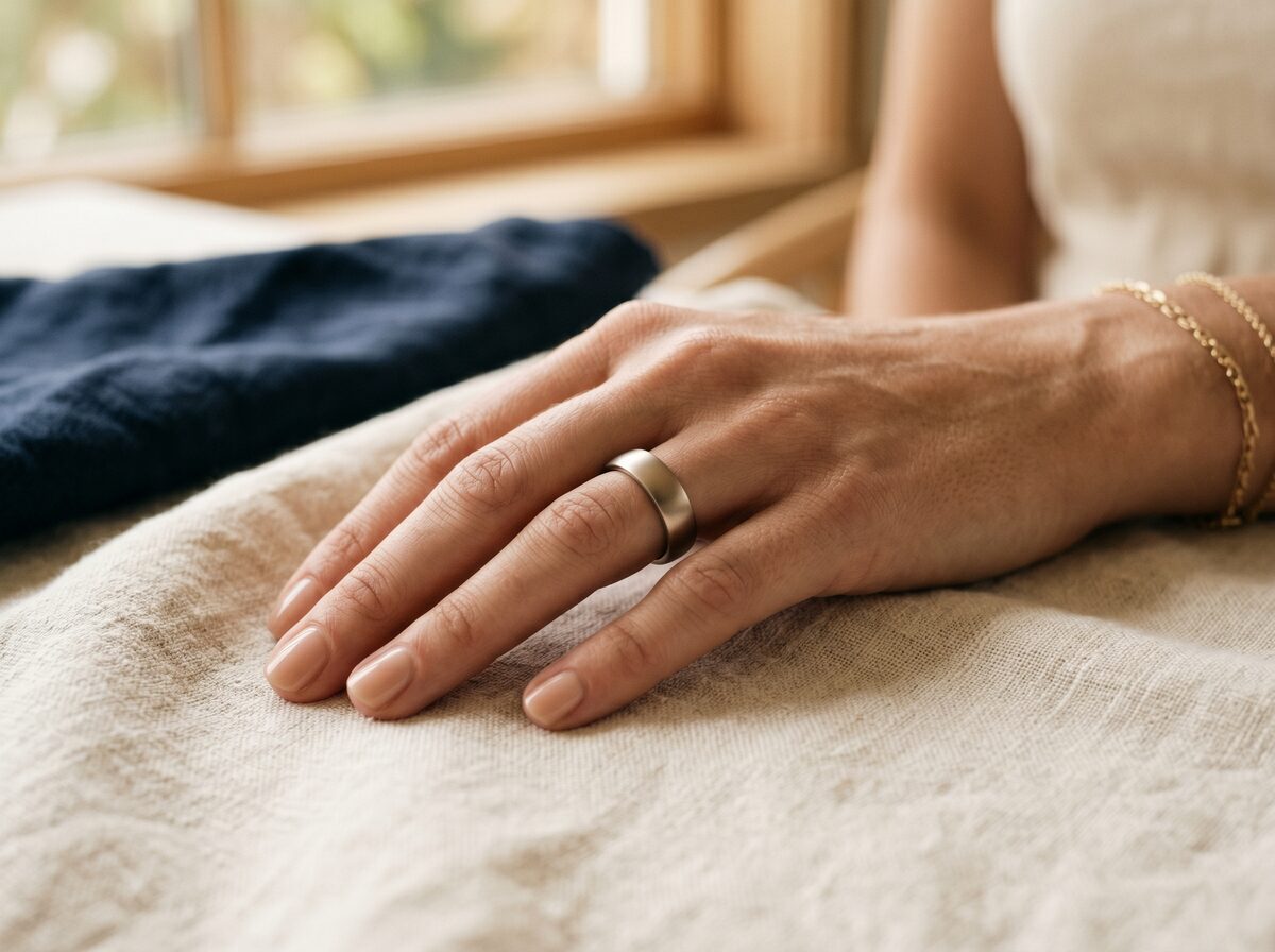 Hand wearing a minimalist smart ring — continuous wearable monitoring