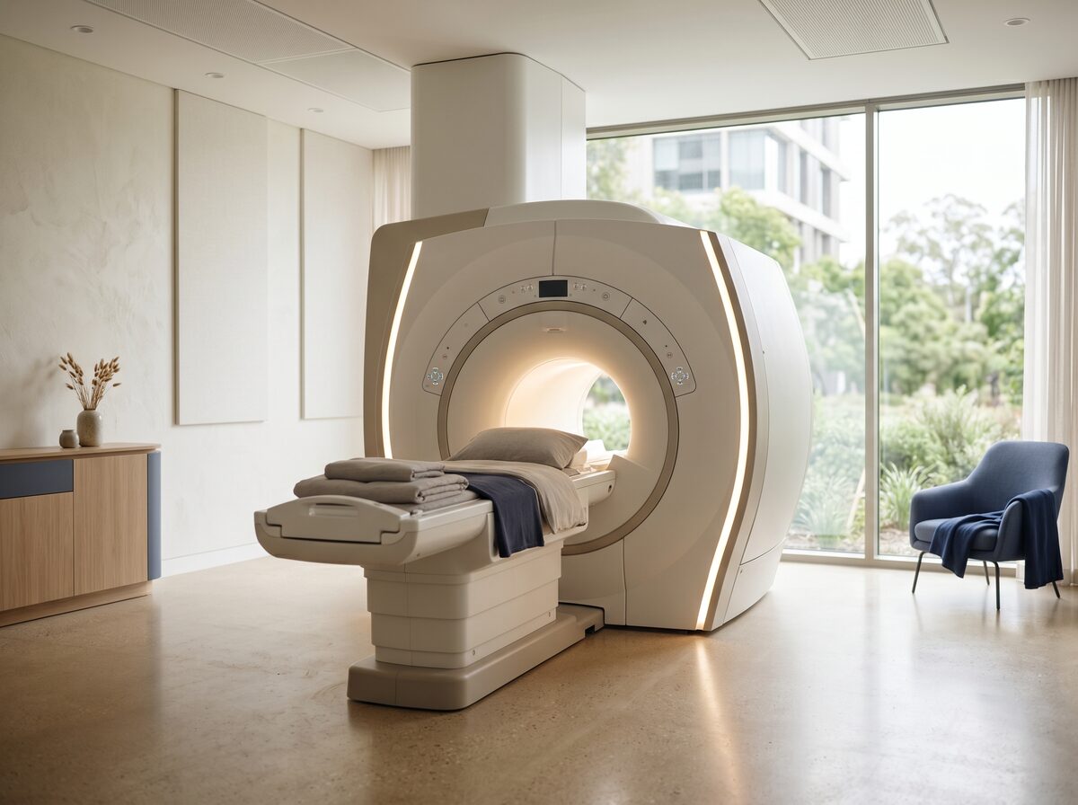 Modern MRI scanner in a softly lit radiology suite — medical imaging