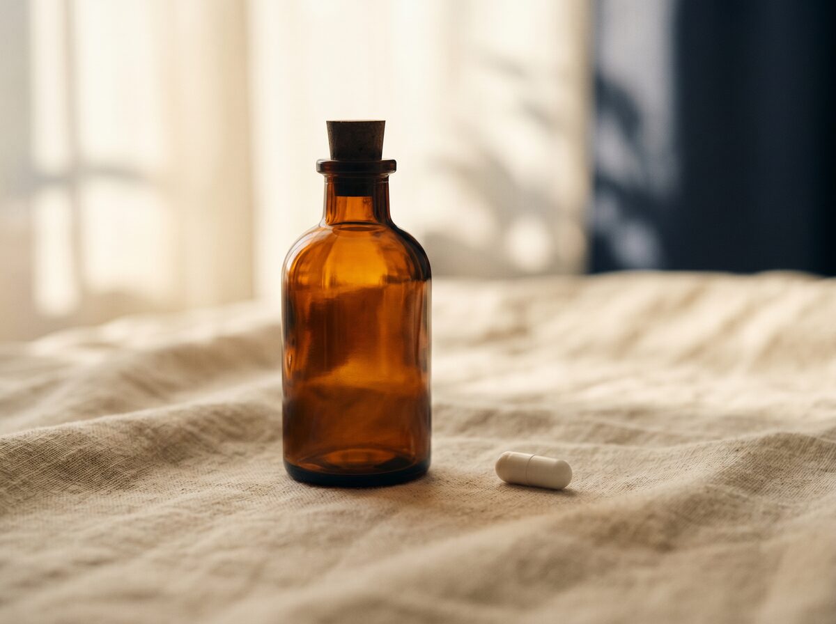 Amber apothecary bottle with a capsule — prescription medicines and peptides
