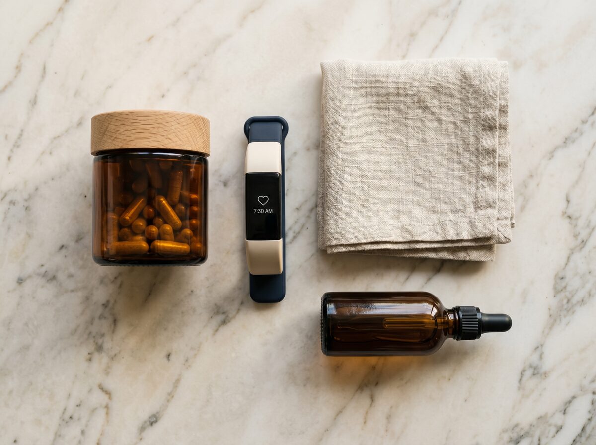 Flat-lay of curated wellness products — marketplace